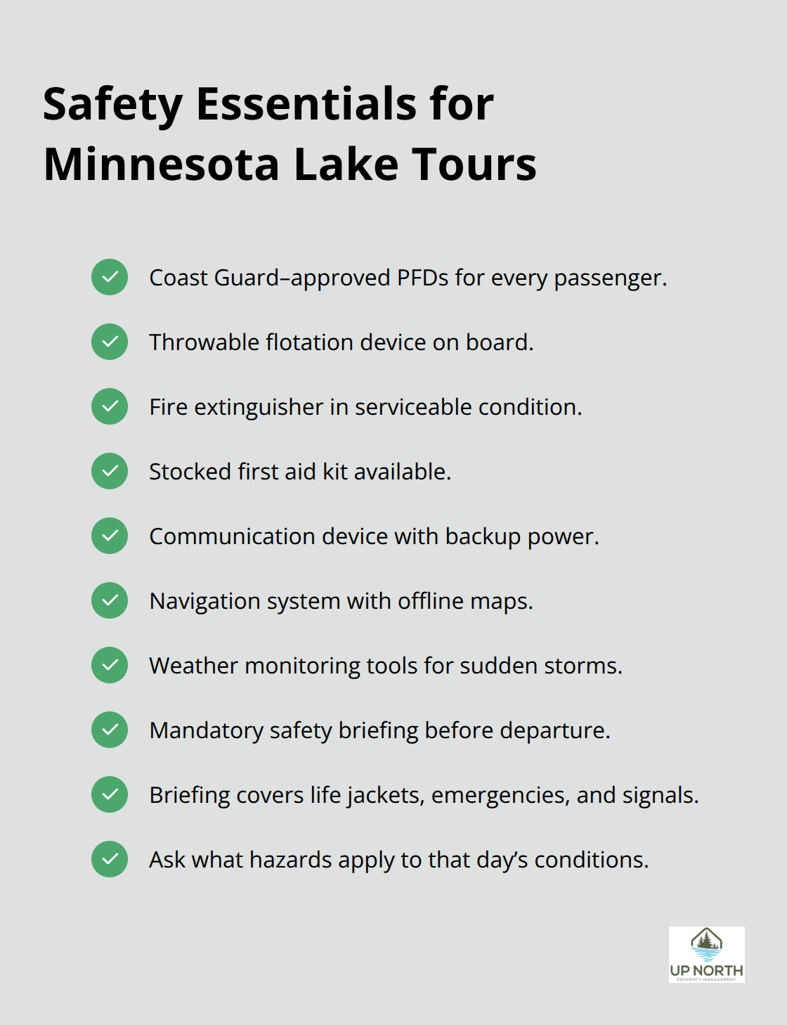 Checklist of safety equipment and briefings for Minnesota guided lake tours.